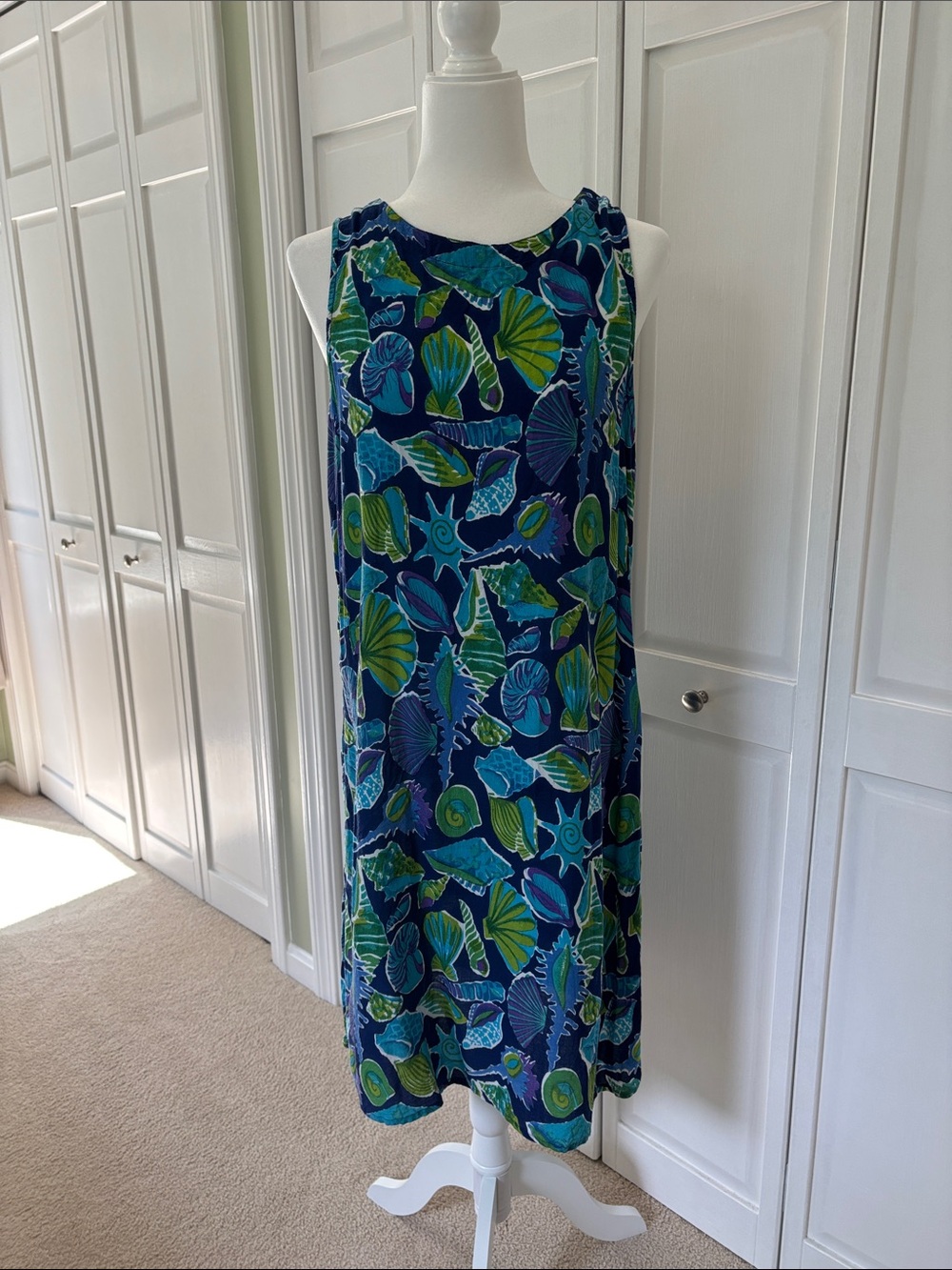 Navy Shell-Print Sleeveless Midi Dress